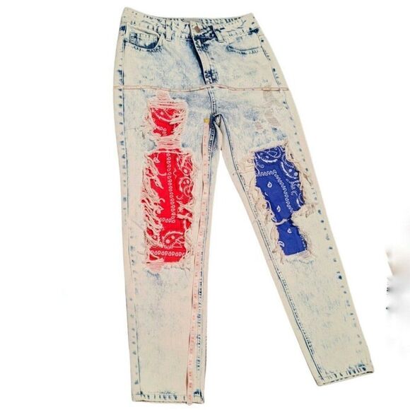 Uniq By Litz Distressed Jeans Patchwork Inset Acid Light Wash LP-40017B 26 - Picture 7 of 8